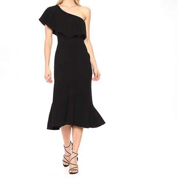 NWOT Dress the Population Raquel One Shoulder Ruffle Mermaid Midi Dress Sz -S - Picture 1 of 6